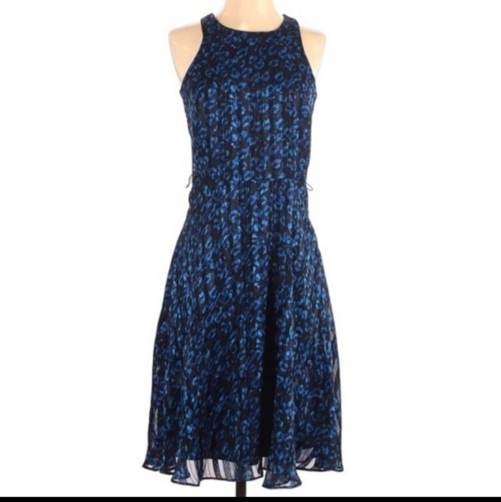 BANANA REPUBLIC Blue Black Leopard Chiffon Halter Dress Belt Modest Light Flowy